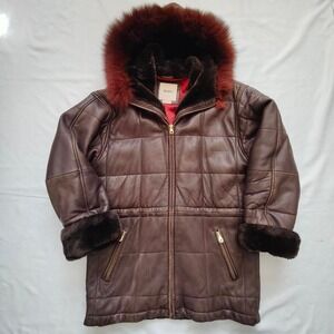 Vintage Marc New York Brown Leather Quilted Coat Fox Fur Trim Insulated Womens M